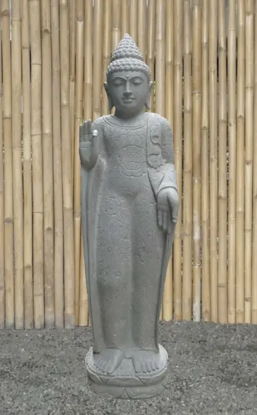 Product image 2 of the product “Standing Buddha with floral carving, Abudaya position. 40 x 28 x 152cm. Natural stone (river stone), stonemasonry ”